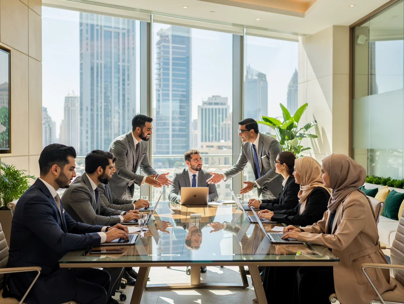 مستشارو الشركة أثناء مراجعة ملفات العملاء في قاعة اجتماعات استشارية